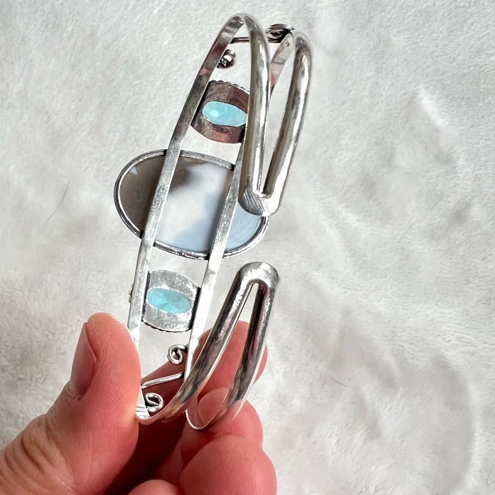925 Owyhee Opal + Swiss Blue Topaz Cuff Bracelet - Picture 10 of 10